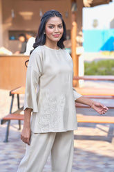 Beige Co-Ord Classy Casual Wear With Embroidery For Ladies